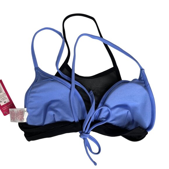 Xhilaration Bathing Swim Suit Top Size Medium Black Blue Bikini Mesh Overlay New - Picture 2 of 9
